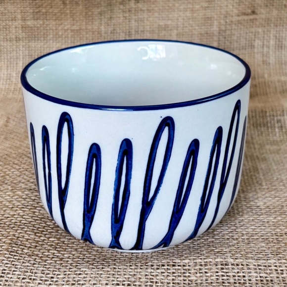 White w Blue Squiggly Lines Cappuccino Mug Cup Ceramic Artsy Whimsical Playful - Picture 4 of 7